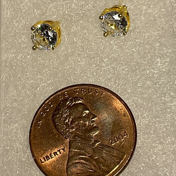 Sterling Silver Gold Color Stud Earrings with a clear stone - Picture 2 of 5
